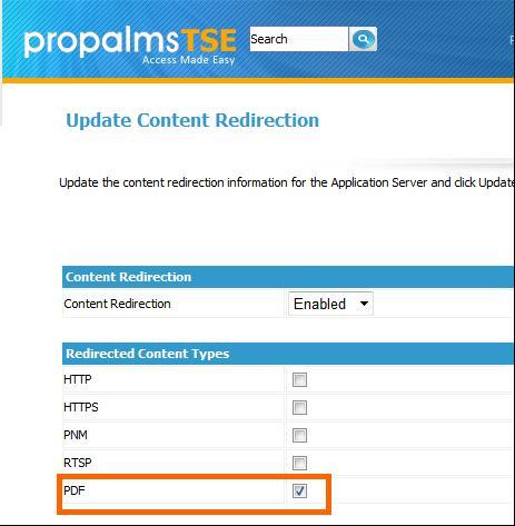 Added Support for PDF content redirection In TSE 6.5, content redirection has been extended to.pdf based files. With this feature enabled, a.