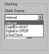 WORD SYNC input. These are marked on the front panel clock source (CLOCK SRC) as: INT (internal), ADAT (ADAT optical input), SPDIF (stereo digital S/ PDIF or AES/EBU input) and WCLK (word sync input).