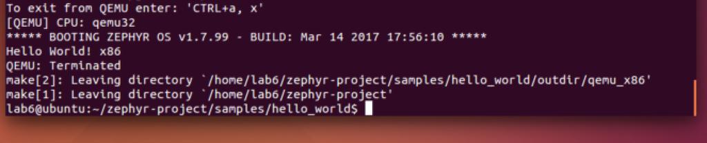 ~/zephyr-project/samples/hello_world $ make BOARD=qemu_x86 qemu The screenshot above shows the