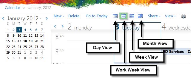 Customizing OWA Calendar View Using the buttons in the image below, you can change the way your Calendar displays your appointments. Choose between a Day, Work Week, Week, or Month View.