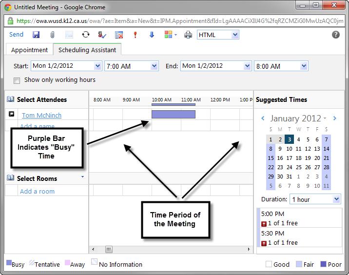Availability If you see a purple bar across a time frame, this shows that the person/room is unavailable/busy at that time (they have something already scheduled for that time) Everyone can see