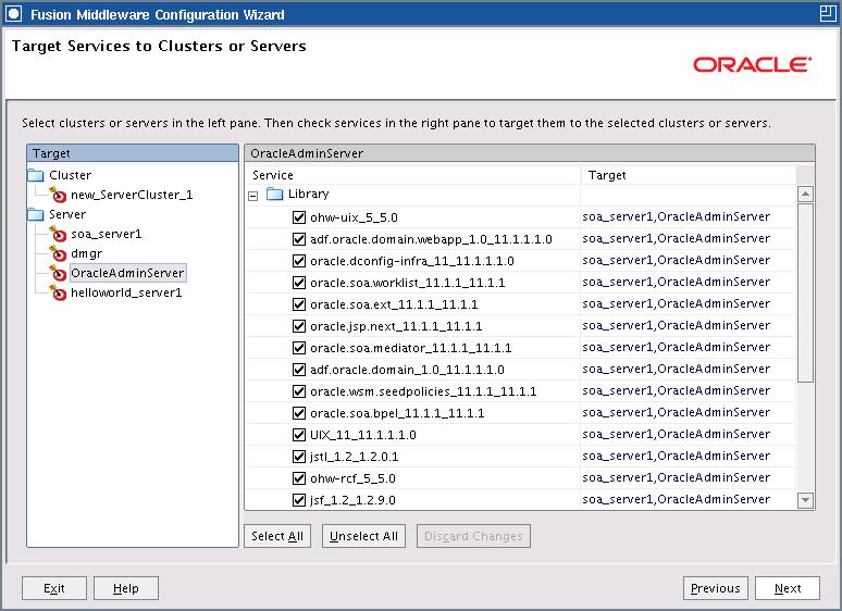 Target Services to Clusters or Servers Note: When you select a server in the Target list, some of the check boxes in the target_name list might be disabled, indicating applications that are already