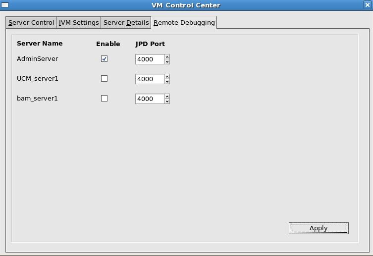 11 Setting up a server for remote debugging The VM Control Center allows you to run any of the servers in the configured domain in debug mode, ideal for running a step-through debug session in your