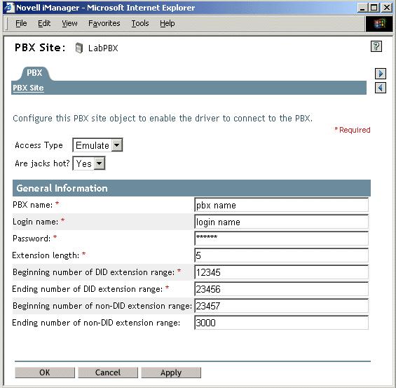 Figure 1-2 The PBX Site Page nwoworkorder DirXML nwoworkorder represents work orders.