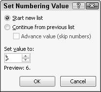 100 Part II: Working with Word To change the starting number of a numbered list, follow these steps: 1. Right-click the item that you want to renumber.