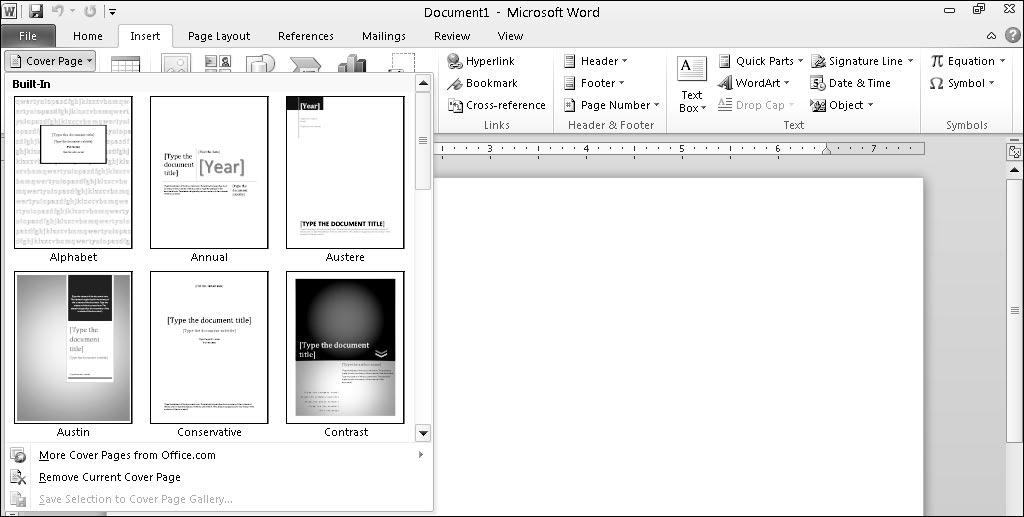 110 Part II: Working with Word To insert a new, blank page in your document, follow these steps: 1. Click the Insert tab. 2. Move the cursor where you want to insert the new page. 3.