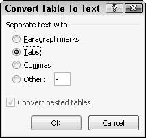 120 Part II: Working with Word Figure 7-8: The Convert Table to Text dialog box lets you specify how to