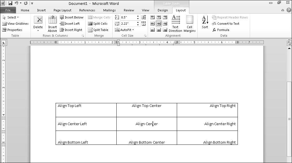 122 Part II: Working with Word Figure 7-11: Tables can align text within cells in nine different ways. To align one or more cells, follow these steps: 1.