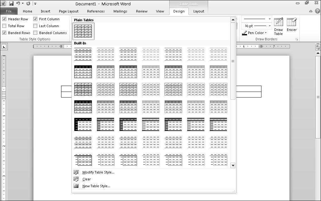 Chapter 7: Designing Your Pages 123 4. Click the More button on the Table Styles group. A pull-down menu of all available styles appears, as shown in Figure 7-12.