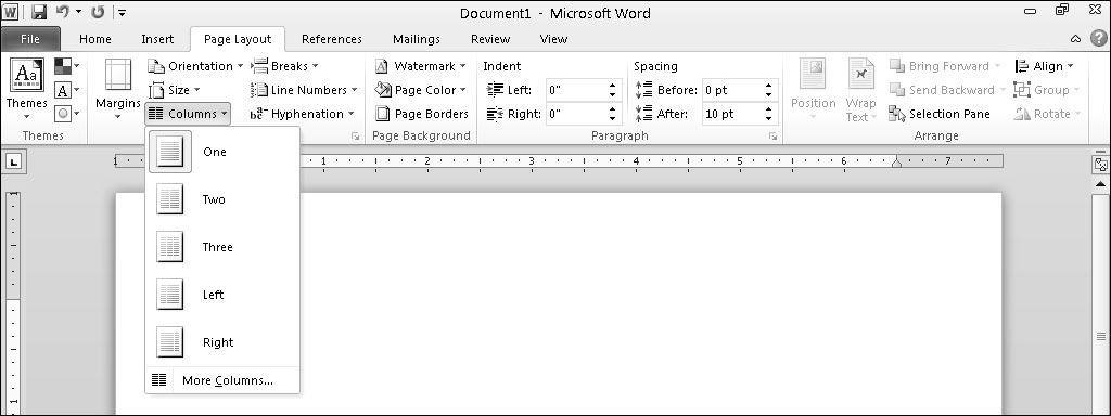 132 Part II: Working with Word Dividing Text into Columns When you type, Word normally displays your text to fill the area defined by the left and right margins.