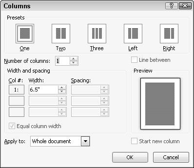 Chapter 7: Designing Your Pages 133 2. Click the Page Layout tab. 3. Click the Columns icon. A pull-down menu appears (refer to Figure 7-21). 4. Click More Columns.