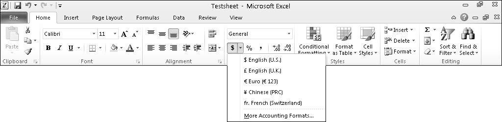 Chapter 8: The Basics of Spreadsheets: Numbers, Labels, and Formulas 145 4. Click a number format style, such as Percentage or Scientific. Excel displays your numbers in your chosen format.