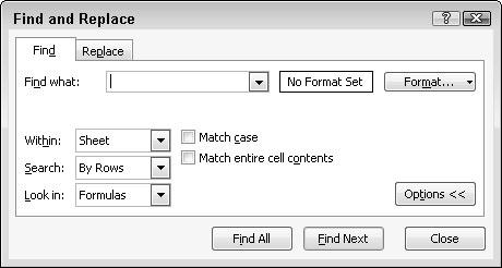 156 Part III: Playing the Numbers with Excel If you click the Options button, the Find and Replace dialog box expands to provide additional options for searching, such as searching in the displayed