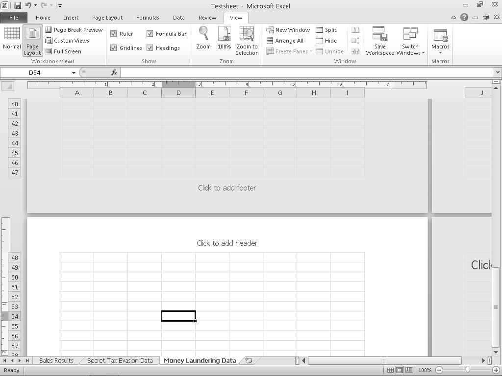 164 Part III: Playing the Numbers with Excel Figure 8-20: The Page Layout view clearly shows where page breaks occur at the bottom and sides of your spreadsheet.