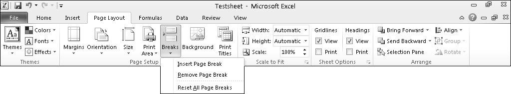 Chapter 8: The Basics of Spreadsheets: Numbers, Labels, and Formulas 167 Figure 8-23: The Breaks menu lets you insert a page break. 4. Choose Insert Page Break.