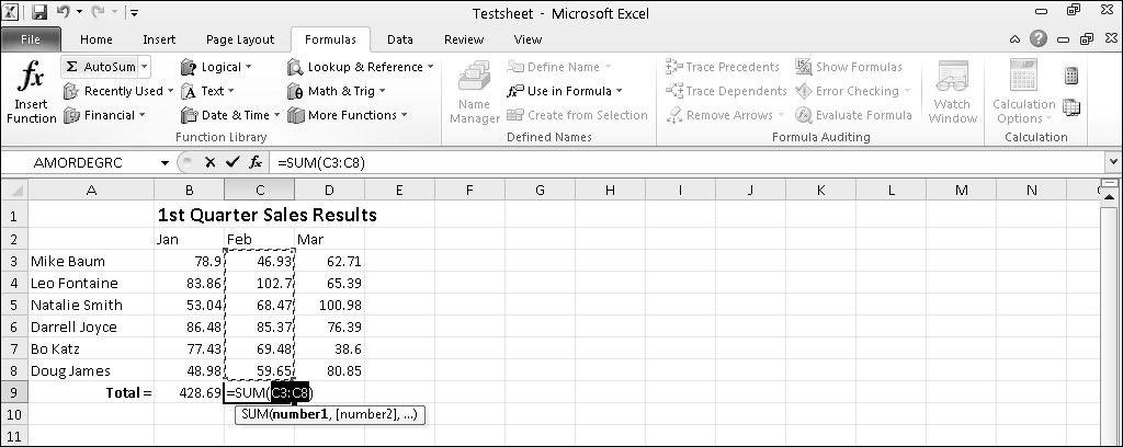 Chapter 9: Playing with Formulas 179 Figure 9-4: The AutoSum command automatically creates cell references for the SUM function. 5. Press Enter. Excel automatically sums all the cell references.