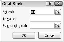 Click in the By Changing Cell text box and click one cell that contains data used by the formula you chose in Step 1. Excel displays your cell reference, such as B5, in the Goal Seek dialog box. 7.