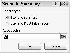 Figure 9-20: A scenario summary compares your original data with all the data from your scenarios in an easy-toread chart.