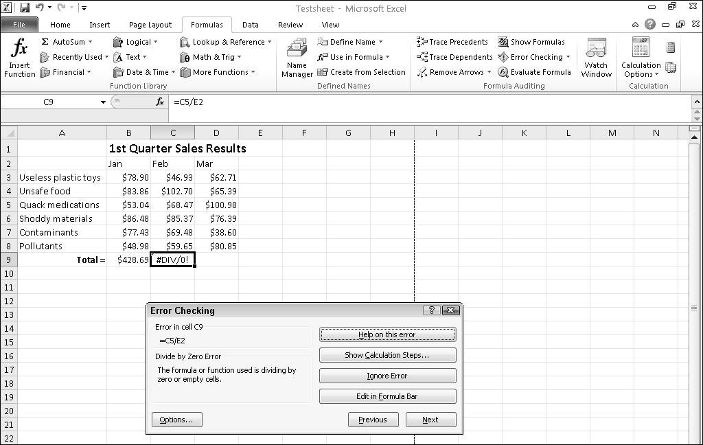 Chapter 9: Playing with Formulas 197 Excel displays a dialog box and highlights any errors, as shown in Figure 9-24. 3. Click any of the options such as Previous or Next to see any additional errors.
