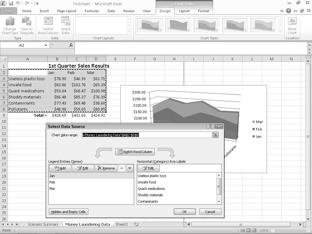 Chapter 10: Charting and Analyzing Data 207 Figure 10-7: Choose new data to create a chart. Switching rows and columns When Excel creates a chart, it displays your data s labels on the X- and Y-axes.