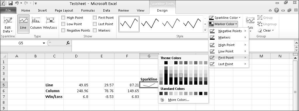 212 Part III: Playing the Numbers with Excel 5. Click OK. Excel displays your chosen Sparkline in the cell that you selected.