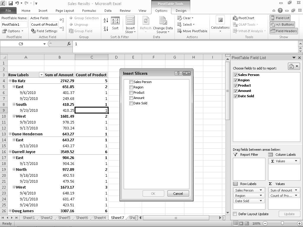 222 Part III: Playing the Numbers with Excel Slicing up a pivot table If your pivot table contains large amounts of data, trying to decipher this information can be difficult.