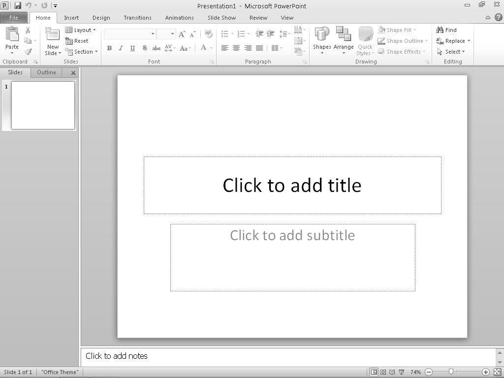 Chapter 11: Creating a PowerPoint Presentation 231 Figure 11-1: A new presentation consists of a single blank slide. Both views let you add, delete, rearrange, and edit slides.