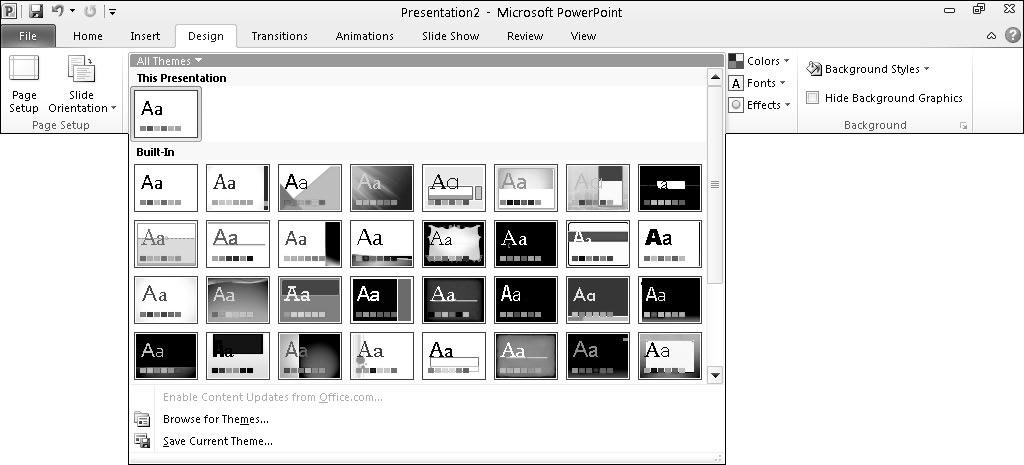 248 Part IV: Making Presentations with PowerPoint 2. Click the More button under the Themes group. A menu appears, as shown in Figure 12-1.
