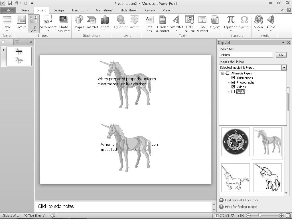 Chapter 12: Adding Color and Pictures to a Presentation 261 3. Click the Clip Art Pane icon in the Images group. The Clip Art pane appears (refer to Figure 12-7). 4.