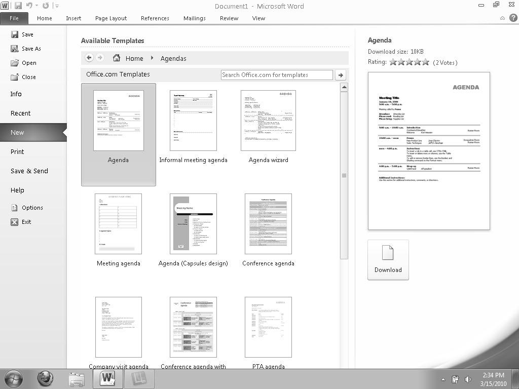 12 Part I: Getting to Know Microsoft Office 2010 Figure 1-2: The Microsoft Office Backstage View consists of three panes of information. To use the Backstage View, follow these basic steps: 1.