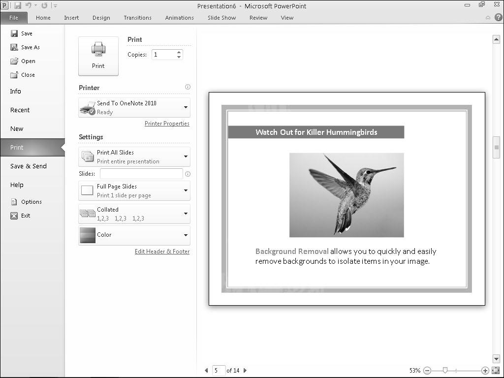 286 Part IV: Making Presentations with PowerPoint Handouts typically contain a thumbnail of each slide along with blank space for jotting down notes about the information presented by that slide.