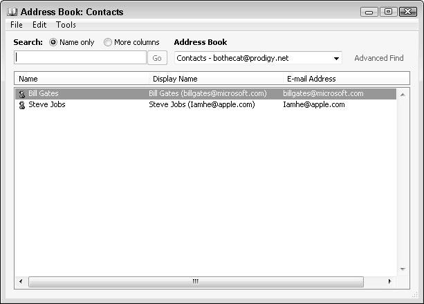 296 Part V: Getting Organized with Outlook Figure 14-3: The Address Book: Contacts window lets you store e-mail addresses. Figure 14-4: The Contact window lets you add a name and e-mail address.