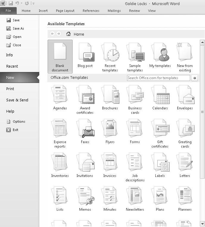 14 Part I: Getting to Know Microsoft Office 2010 Figure 1-3: The New command displays a variety of files you can create.