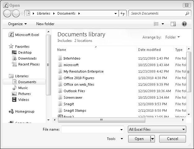 Chapter 1: Introducing Microsoft Office 2010 15 Figure 1-4: The Open dialog box lets you change drives and folders to find the file you want to use.