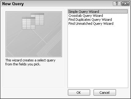 Chapter 17: Searching, Sorting, and Querying a Database 345 Figure 17-8: The New Query dialog box lets you choose a Query Wizard. 3. Click Simple Query Wizard and then click OK.