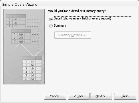 346 Part VI: Storing Stuff in Access Figure 17-10: Choose between viewing Detail or Summary view. 7. Select the Detail or Summary radio button and then click Next.