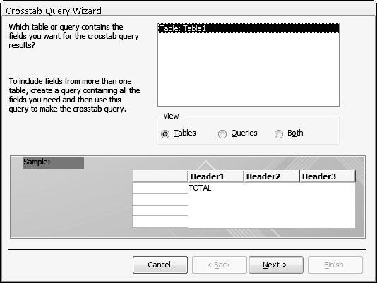 348 Part VI: Storing Stuff in Access Figure 17-12: The Crosstab Query Wizard dialog box asks you to choose which database table to use.