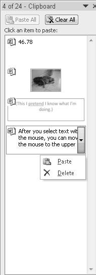 Chapter 2: Selecting and Editing Data 47 3. Move the mouse pointer over an item on the Office Clipboard. A downward-pointing arrow appears to the right. 4. Click the downward-pointing arrow to the right of an item.