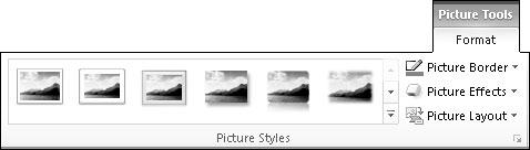 file. To choose a picture style, follow these steps: 1. Select the picture that you want to modify. The Format tab appears on the Ribbon. 2. Click on a style displayed in the Picture Styles group.