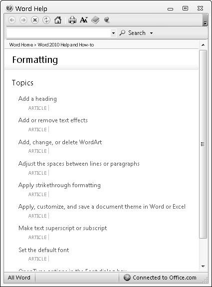 Chapter 4: Getting Help from Office 2010 59 Figure 4-2: The Help window may either display a list of help topics.