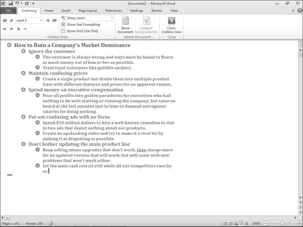 72 Part II: Working with Word Using Outline view Outline view divides a document into sections defined by headings and text. A heading represents a main idea.
