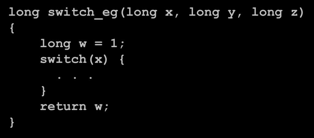 Switch Statement Example long switch_eg(long x, long y, long z) { long w = 1; switch(x) {... return w; Setup: switch_eg: movq %rdx, %rcx cmpq $6, %rdi # x:6 ja.