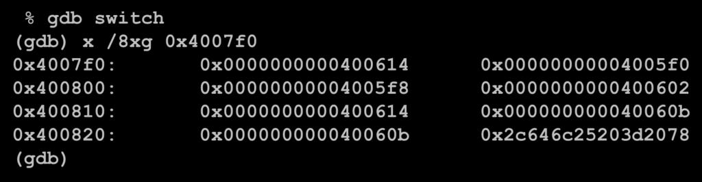 Finding Jump Table in Binary (cont.) 00000000004005e0 <switch_eg>:... 4005e9: ff 24 fd f0 07 40 00 jmpq *0x4007f0(,%rdi,8).