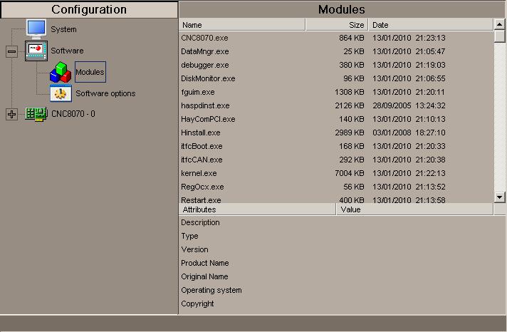 22.2.2 Software diagnosis This option may be used to analyze the modules that make up the CNC software and the software options installed. Module information 22.
