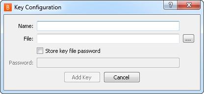 If you are going to be using SSH, you can upload a key file to use by going to the Private Keys tab and clicking Add. Give this key a Name and browse to the key file you wish to use.