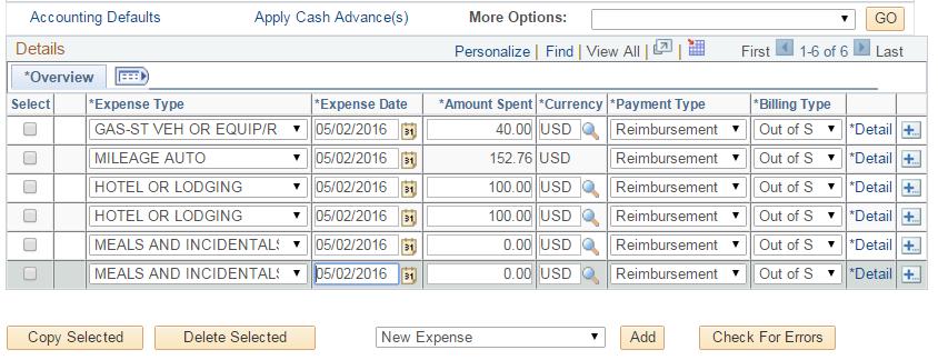 e. Click OK. f. You will notice that expenses have been copied for 2 additional days. 17.
