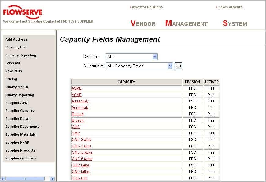 left menu Result: Capacity Fields Management screen displays.