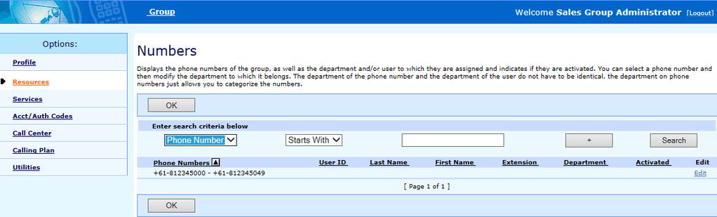 Use the Group Numbers page to list the numbers assigned to your group. This page displays the phone numbers of groups as well as department and indictes if they are active.
