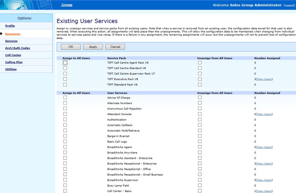 Group > Resources > Existing User Services You can also view the users currently assigned a service or service pack on the Group Service Usage page. 1.