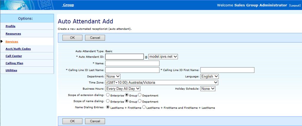 From this page, you configure the greeting and dialing menu for coverage of the business hours of the auto attendant. Group > Services > Auto Attendant 1.